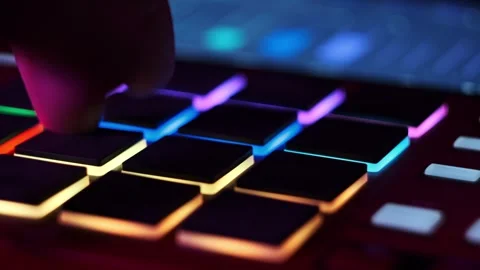 Illuminated Beatmaker with Changing Lights in Studio Stock Footage 314076549