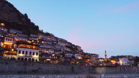 Illuminated Berat Mangalem district timelapse sunset Albania. UNESCO World .. Stock Footage 334845271