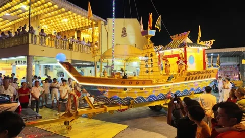 Illuminated Boat Float Procession During nine emperor gods festival Stock Footage 347895246
