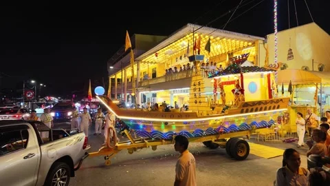 Illuminated Boat Float Procession at nine emperor gods festival Stock Footage 347895286