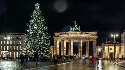 Illuminated Brandenburg Gate and decorated Christmas tree, Berlin, Germany Stock Footage 123734187