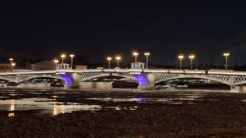Illuminated Bridge Night Reflections Stock Footage 257588426
