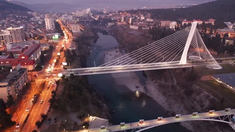 Illuminated cable bridge over Moraca river at night in Podgorica Montenegro Stock Footage 127792982