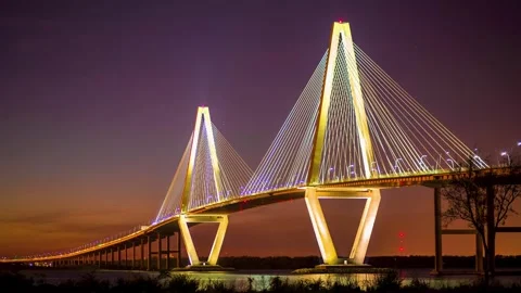 Illuminated cable-stayed bridge at dusk provides stunning city panorama. Stock-Footage 341392735