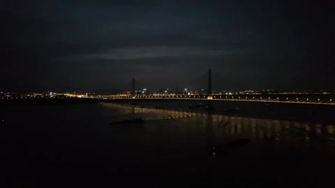 Illuminated Cable Stayed Bridge At Night in Nanjing, China Stock Footage 344039870