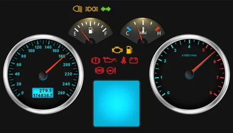 Illuminated car dashboard panel in full electric vehicle. Modern digital clus Stock Illustration