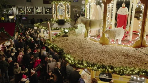 Illuminated carousel decorations featuring a donkey, sheep, and biblical figures 스톡 동영상 340283460