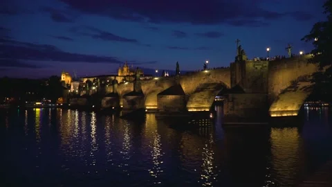 Illuminated Charles Bridge Stock Footage 98500955