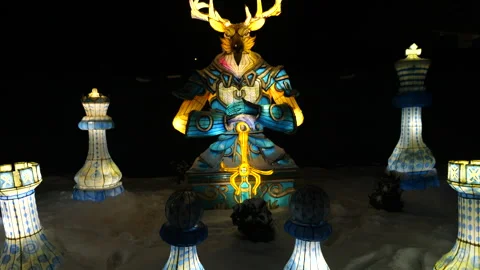 Illuminated chess figures in a winter park.  Stock Footage 325908355