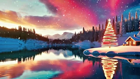 Illuminated Christmas tree, dramatic sky against the lake, 3D animation of N Stock Footage 258799807