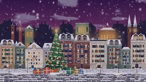 Illuminated Christmas tree with presents in a festive town Xmas celebration Video stock 344921679