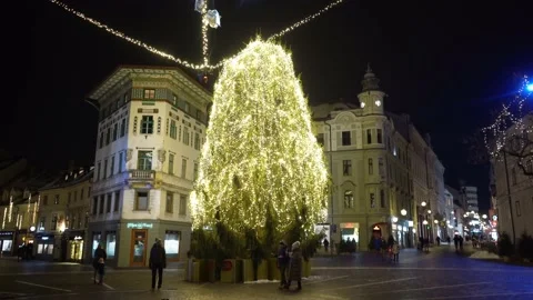 Illuminated Christmas tree on Preseren square in Ljubljana city Stock Footage 168982981