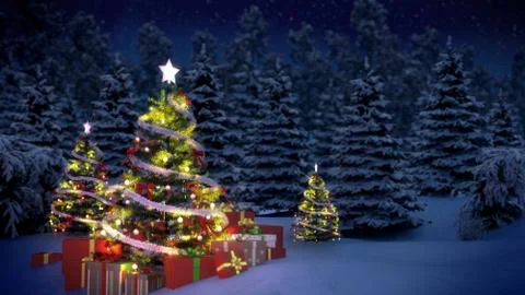 Illuminated Christmas trees with gift boxes Stock Illustration