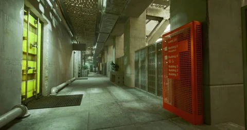 Illuminated corridor featuring concrete textures and cinematic elements Stock Footage 333563719