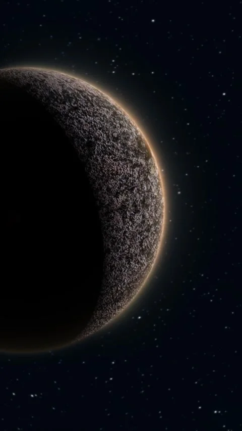 An illuminated crescent reveals the rugged surface of a rocky planet agains.. Stock Footage 346685487