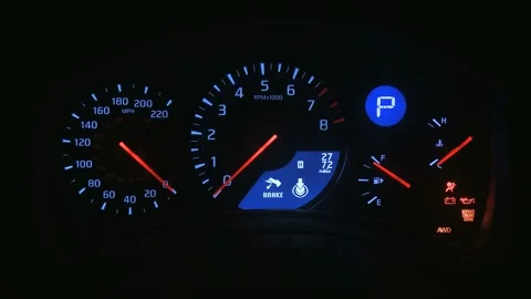 Illuminated dashboard speedometer and rpm close up 2017 Nissan GT-R Premium Stock Footage 159928131