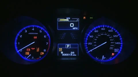 Illuminated dashboard speedometer close up 2019 Subaru Outback 3.6R Touring Stock Footage 160012823