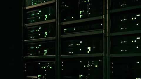 Illuminated Data Racks Showcasing Technology in a Modern Server Room Stock Footage 347014599