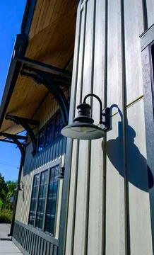 Illuminated decorative lighting elements on the exterior faade of the Red F.. Fotos de archivo