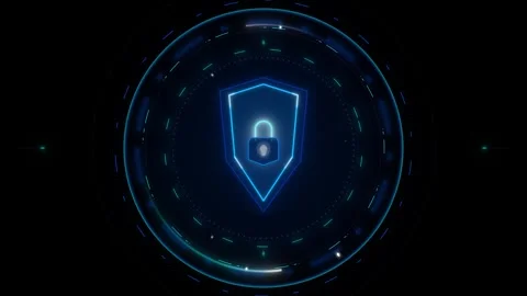 Illuminated digital shield and padlock emblem surrounded by dynamic blue an.. 動画素材 335826582