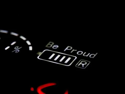 Illuminated display with 'Be Proud' message and a full battery indicator sh.. Stock Photos