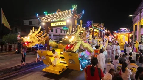 Illuminated Dragon Float Procession During nine emperor gods festival Stock Footage 347894893