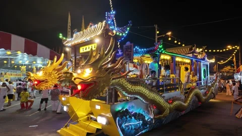 Illuminated Dragon Float Procession at Nine Emperor God Festival Stock Footage 347892905