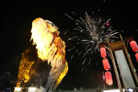 Illuminated dragon puppet and fireworks lighting the night sky beside red h.. Stock Photos