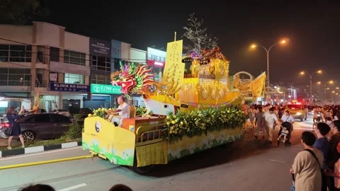 Illuminated Dragon Ship Float During Malaysia Nine Emperor Gods Festival Stock Footage 347899896