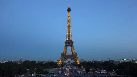 Illuminated Eiffel tower and blue evening sky, romantic city symbol Video stock 69181783