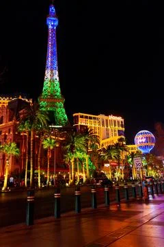 Illuminated Eiffel Tower Replica on Las Vegas Strip at Night Stock Photos