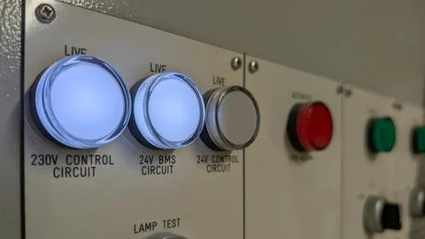 Illuminated Electrical Control Panel Indicators for 230V and 24V BMS Circuits Stock Photos