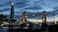 Illuminated Famous Tower Bridge, London Skyline, Shard Skyscraper, Twilight Dusk HD Footage