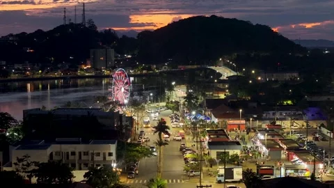 Illuminated Ferris Wheel. Ferris Wheel Scene. Downtown Cityscape. Illuminated Видео 337993419