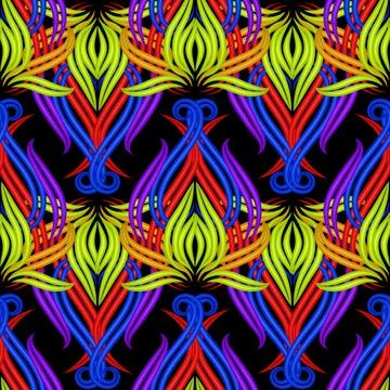 Illuminated floral 3d seamless pattern. Surface neon flowers ornament. Vector Stock Illustration