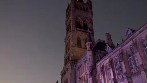 Illuminated Gilbert Scott Tower at Twilight: University of Glasgow Stock Footage 261765324