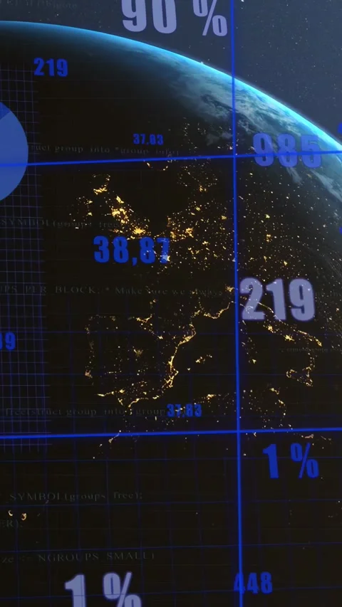 Illuminated globe rotating while camera panning downward, revealing tech Stock Footage 333020896