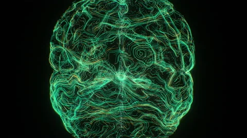 Illuminated green yellow big data particles flow human brain zoom out motion Stock Footage 194643160