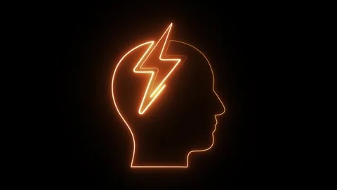 Illuminated head outline with a lightning bolt inside on a black background Stock Footage 320950935