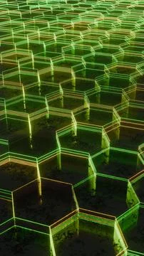 Illuminated Hexagonal Pattern with Neon Green and Yellow Lights.. 스톡 일러스트