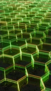 Illuminated Hexagonal Pattern with Neon Green and Yellow Lights.. Illustrazione stock