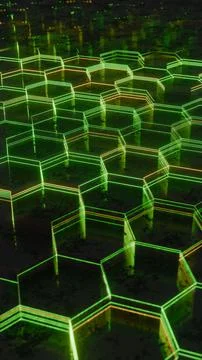 Illuminated Hexagonal Pattern with Neon Green and Yellow Lights.. Illustrazione stock