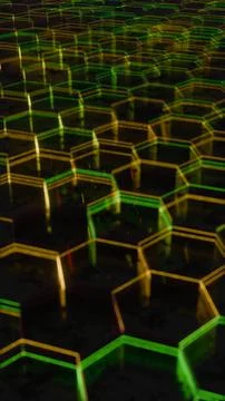 Illuminated Hexagonal Pattern with Neon Green and Yellow Lights.. Ilustración de archivo