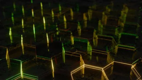 Illuminated Hexagonal Pattern with Neon Green and Yellow Lights.. Illustrazione stock