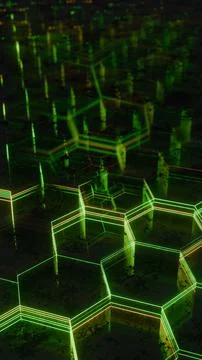 Illuminated Hexagonal Pattern with Neon Green and Yellow Lights.. 스톡 일러스트