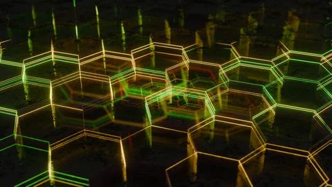 Illuminated Hexagonal Pattern with Neon Green and Yellow Lights.. 스톡 일러스트