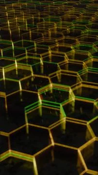 Illuminated Hexagonal Pattern with Neon Green and Yellow Lights.. 스톡 일러스트