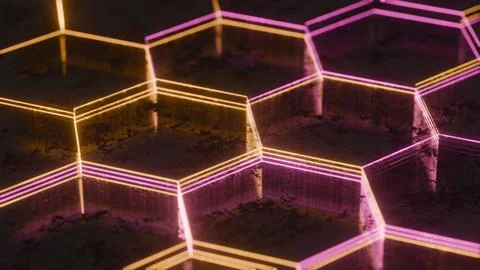 Illuminated Hexagonal Pattern with Neon Pink and Yellow Lights.. Ilustración de archivo