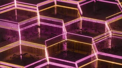 Illuminated Hexagonal Pattern with Neon Pink and Yellow Lights.. 스톡 일러스트