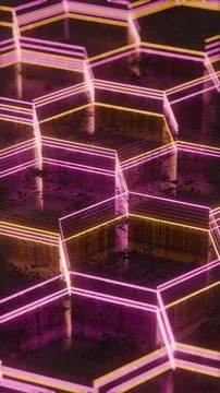 Illuminated Hexagonal Pattern with Neon Pink and Yellow Lights.. Ilustração Stock